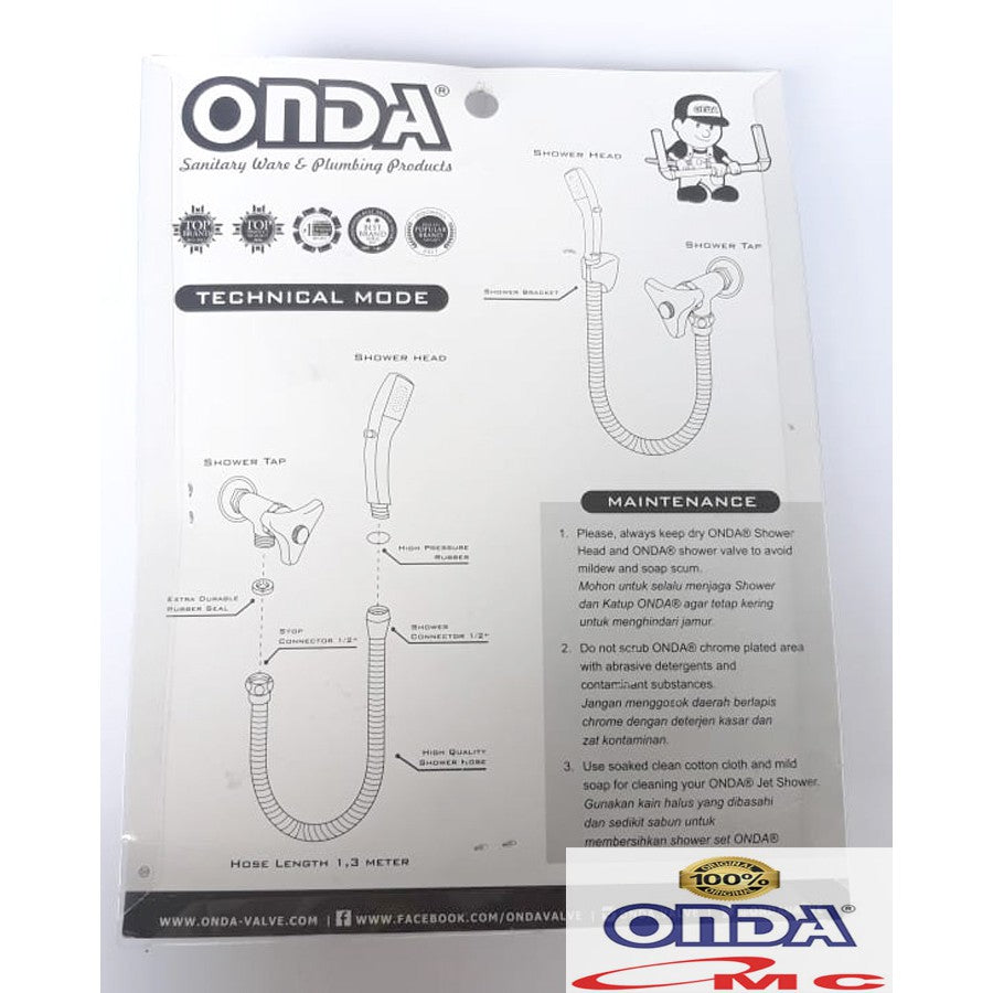 Hand Shower Mandi Kepala Segi 1.3 Meter 1/2 Inch ONDA SO 232 PW