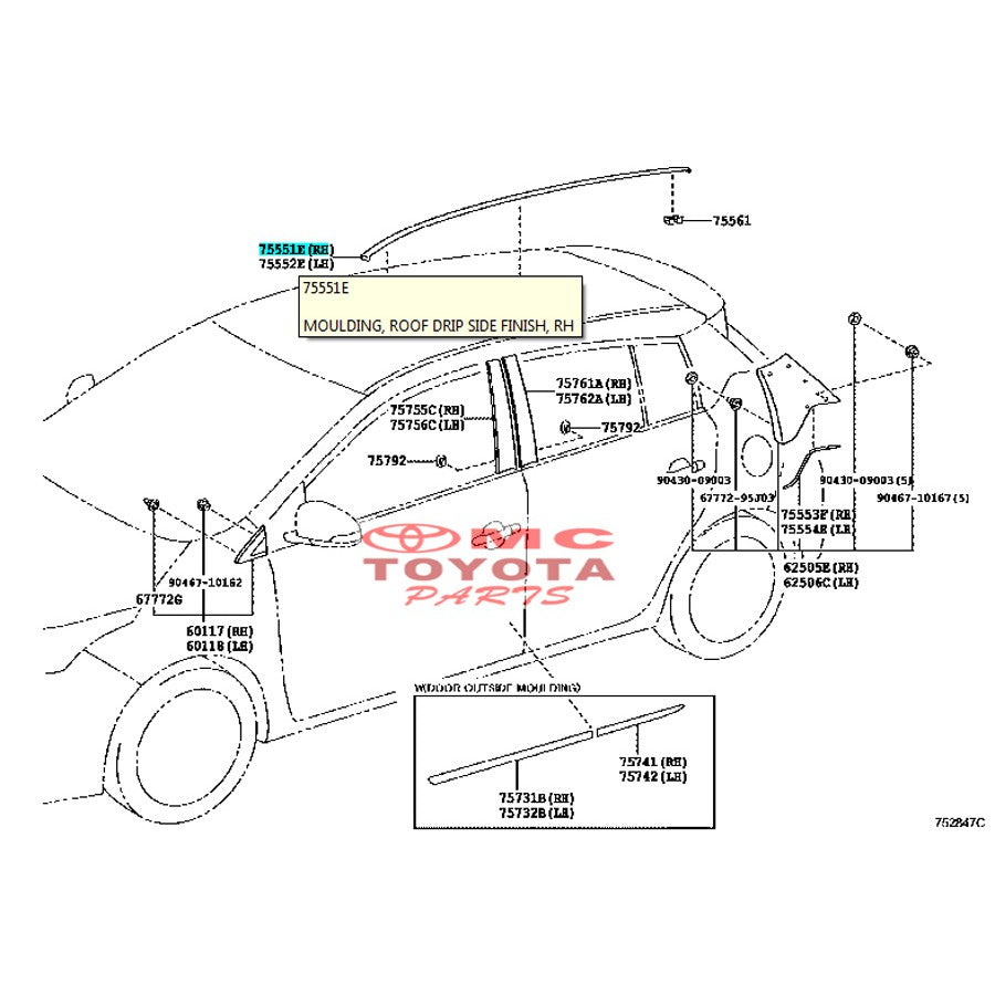 Moulding Roof Karet Atap Kanan All New Yaris 2014-Up  75551-0D230