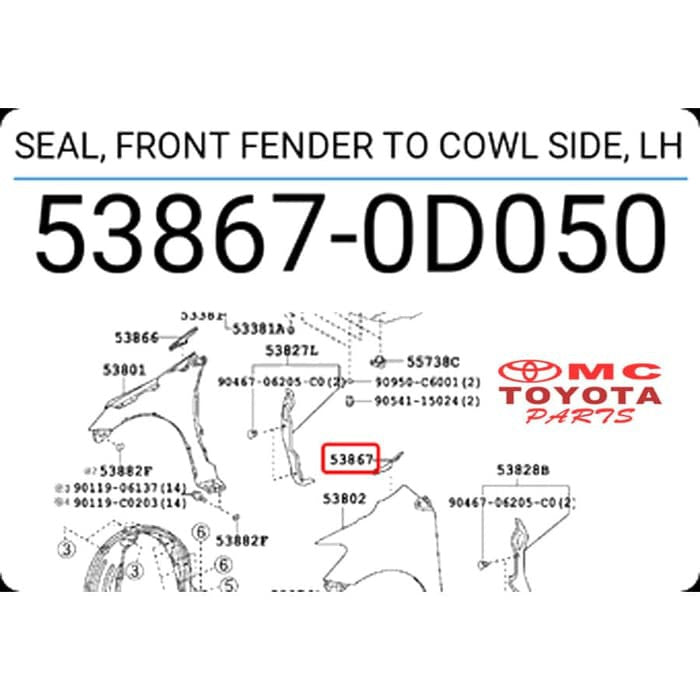 Karet Seal Samping Cowl Fender Depan Kiri New Vios Limo 53867-0D050