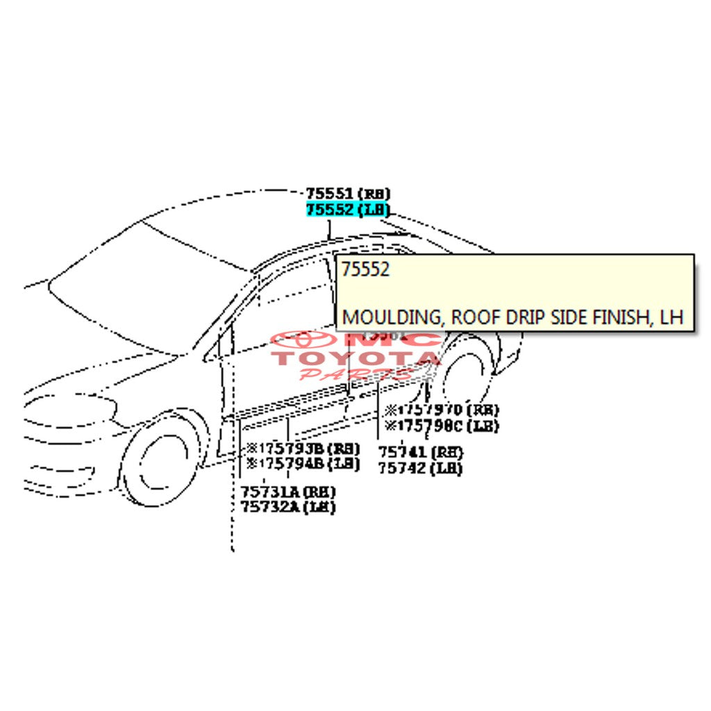 Moulding Roof Karet Atap Kiri Vios Limo Old 75552-0D020-TH