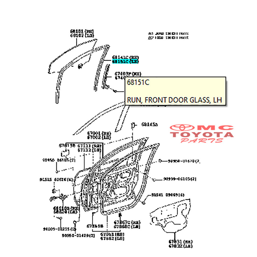 Karet Channel Kaca Pintu Depan Kiri Toyota Corolla Altis 68151-02050