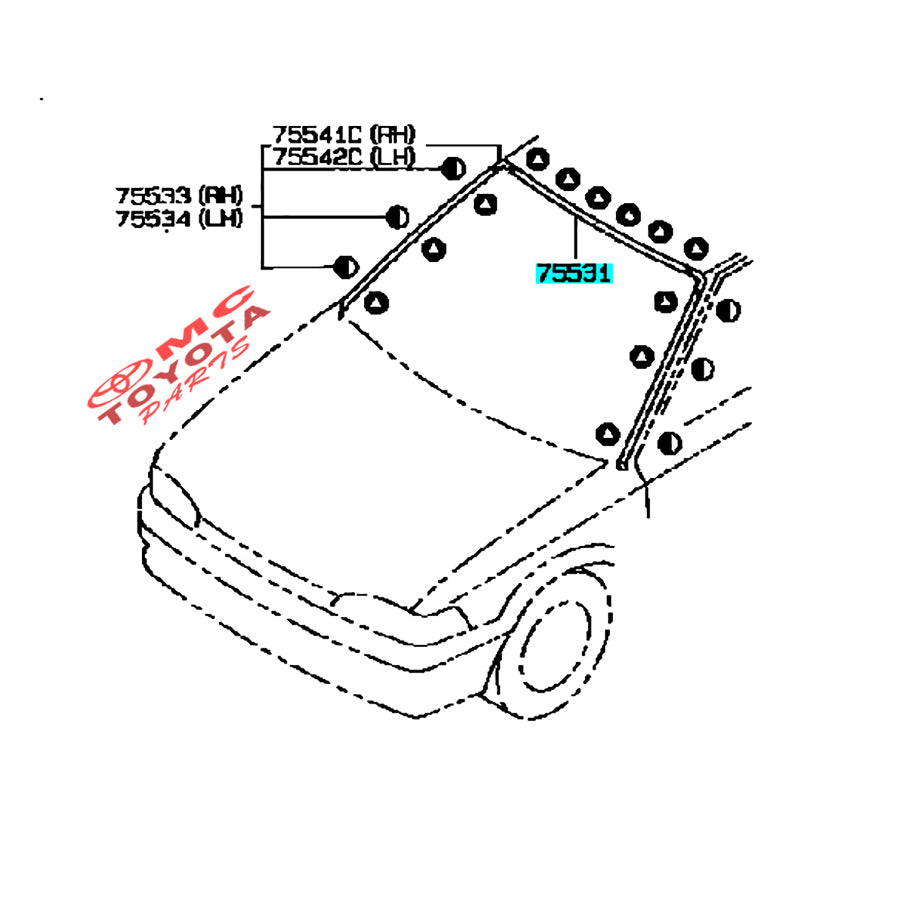 Karet Kaca Depan Lis Kaca Depan Corolla Twincam Bagian Atas Original Toyota 75531-12300 Moulding Molding Karet List Kaca Depan Atas Chrome
