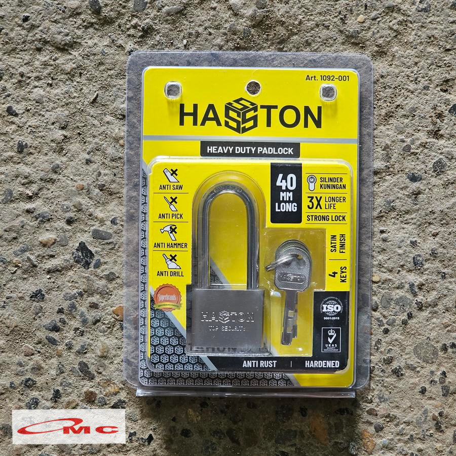 Gembok Satin Leher Panjang 40mm 1092-001 Hasston Prohex Heavy Duty Lock Padlock 4 Keys Gembok Safety Gembok Hasston 40mm Gembok Prohex Kunci Gembok Chrome Gembok Leher Panjang 40 mm Long Haston