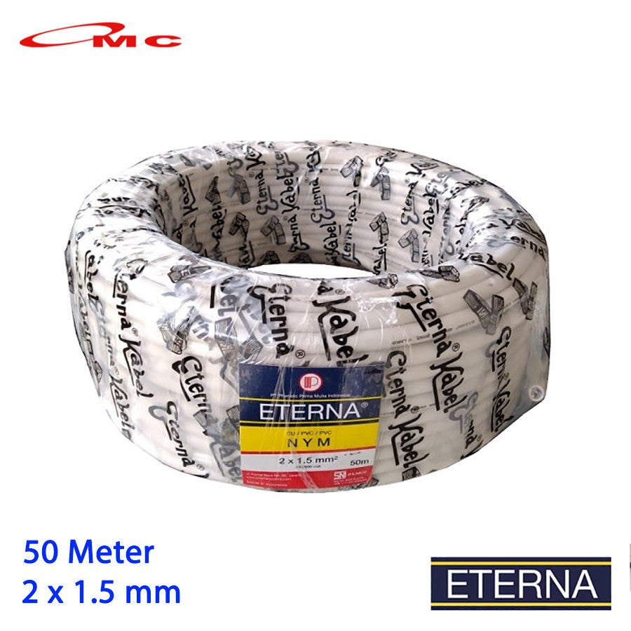 Kabel Eterna NYM 2x1.5MM Panjang 50 Meter 1 Roll Kabel NYM Eterna 2x1.5 mm 2x1,5 Kabel Listrik Eterna Kabel Putih Tunggal Kawat Tembaga Isi 2