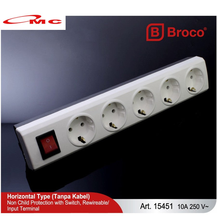 Broco Stop Kontak 3 / 5 Lubang Non CP 15431 / 15451 + Switch Lamp Lampu Colokan Broco Tanpa Kabel Cable Tanpa Child Protection Multi Socket Outlet Terminal 3 / 5 Lubang