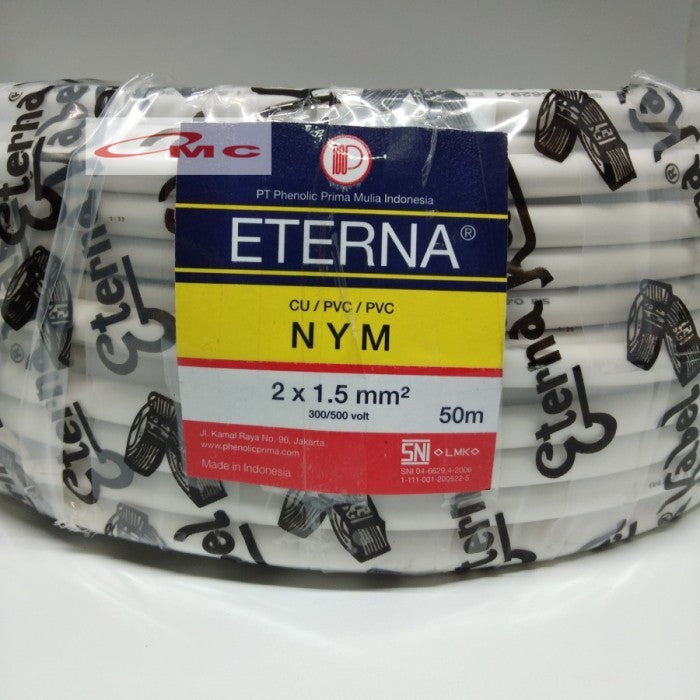 Kabel Eterna NYM 2x1.5MM Panjang 50 Meter 1 Roll Kabel NYM Eterna 2x1.5 mm 2x1,5 Kabel Listrik Eterna Kabel Putih Tunggal Kawat Tembaga Isi 2