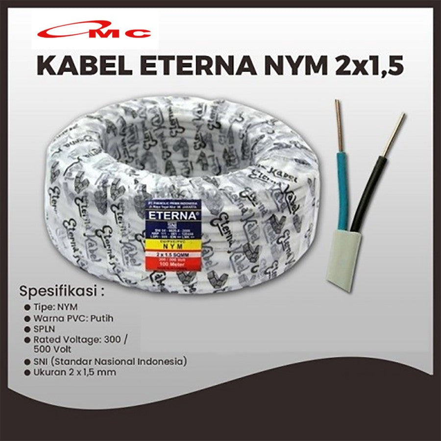 Kabel Eterna NYM 2x1.5MM Panjang 50 Meter 1 Roll Kabel NYM Eterna 2x1.5 mm 2x1,5 Kabel Listrik Eterna Kabel Putih Tunggal Kawat Tembaga Isi 2
