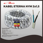 Kabel Eterna NYM 2x1.5MM Panjang 50 Meter 1 Roll Kabel NYM Eterna 2x1.5 mm 2x1,5 Kabel Listrik Eterna Kabel Putih Tunggal Kawat Tembaga Isi 2