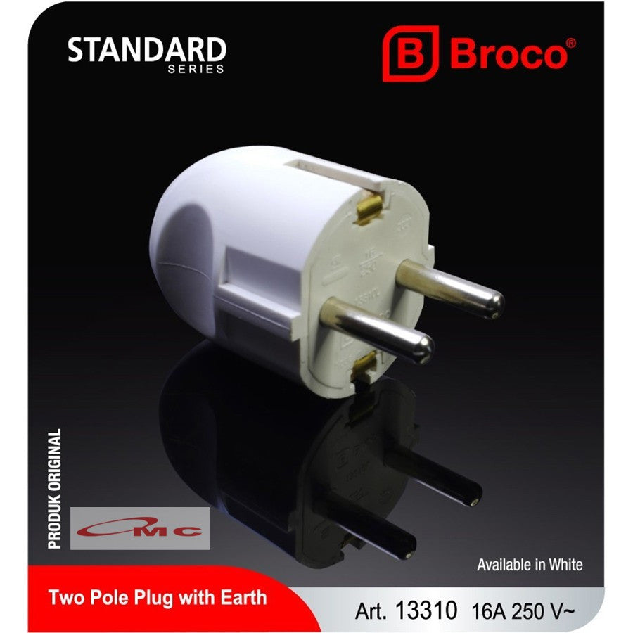 Broco Steker Arde 13310 Putih Bulat Original Kepala Colokan Listrik 2 Kaki Broco Steker Arde Art. 13310 Kepala Steker Listrik 2 Pin Kuningan New Gee White