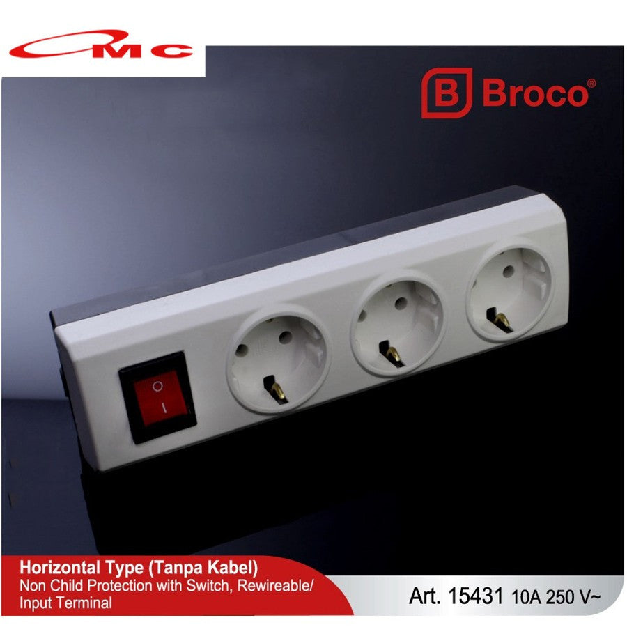 Broco Stop Kontak 3 / 5 Lubang Non CP 15431 / 15451 + Switch Lamp Lampu Colokan Broco Tanpa Kabel Cable Tanpa Child Protection Multi Socket Outlet Terminal 3 / 5 Lubang