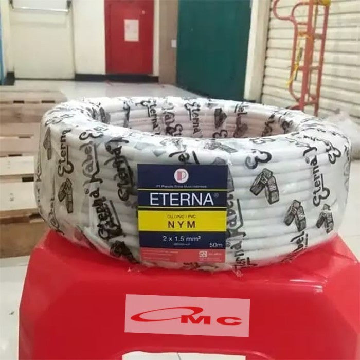 Kabel Eterna NYM 2x1.5MM Panjang 50 Meter 1 Roll Kabel NYM Eterna 2x1.5 mm 2x1,5 Kabel Listrik Eterna Kabel Putih Tunggal Kawat Tembaga Isi 2