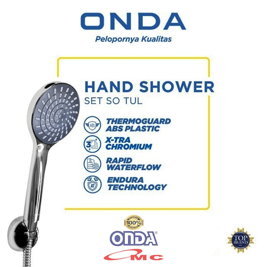 ONDA Hand Shower Mandi Hose Selang Lentur Flexible Shower Set Termasuk Selang & Dudukan Bracket Chrome Komplit Shower Onda SO TUL 1/2 Inch SO-TUL-1P2