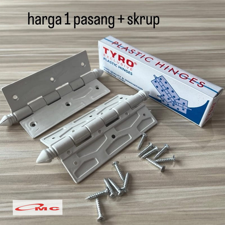 Tyro Engsel PVC Plastik Putih 4,5" Engsel Pintu Kamar Mandi Sepasang + Sekrup Engsel Pintu Plastik PVC Engsel Pintu PVC Engsel Plastik 4.5" 4,5 Inch