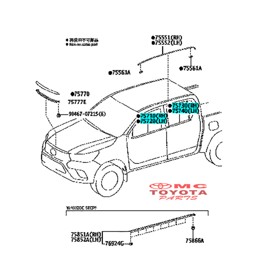 Pelipit Pintu Karet Kaca Luar Depan Belakang Kanan Kiri New Hilux Revo Double Cabin Original 68160-0K010 / 68210-0K010 / 68180-0K010 / 68230-0K010
