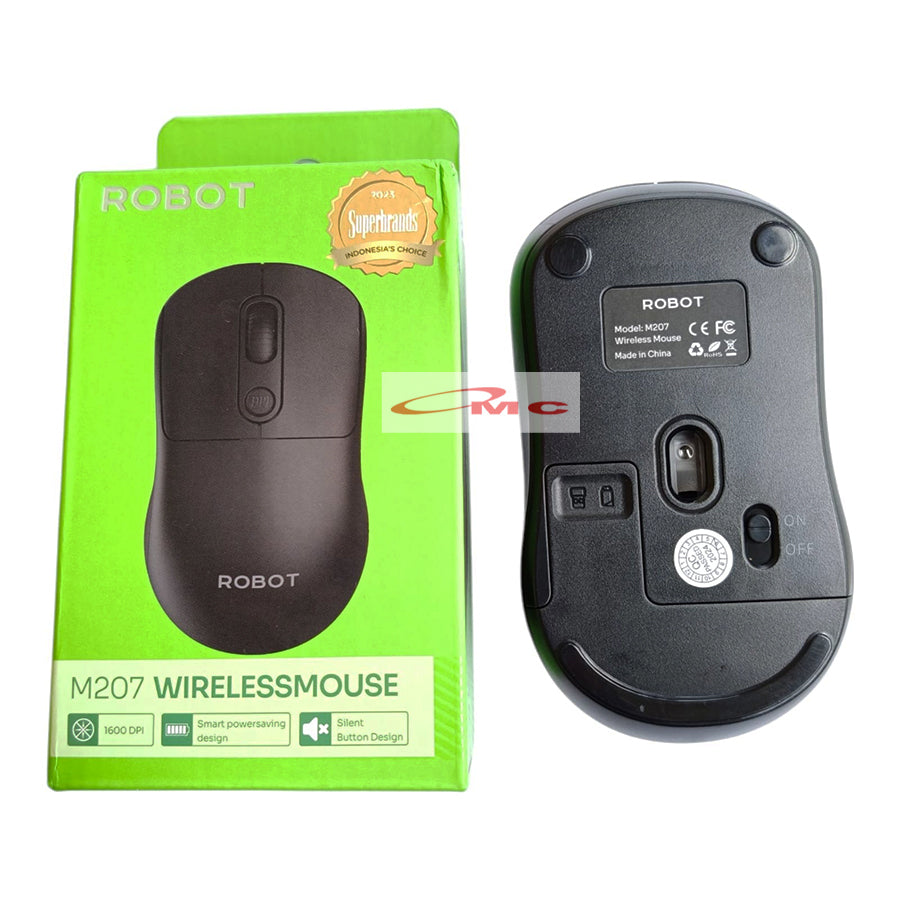 Mouse Wireless Robot M206 / M207 2.4GHz Optical 1600DPI Black Kursor Akurat Untuk PC Laptop Original Silent Mouse Wireles Mause Mos Mous Maos Hitam