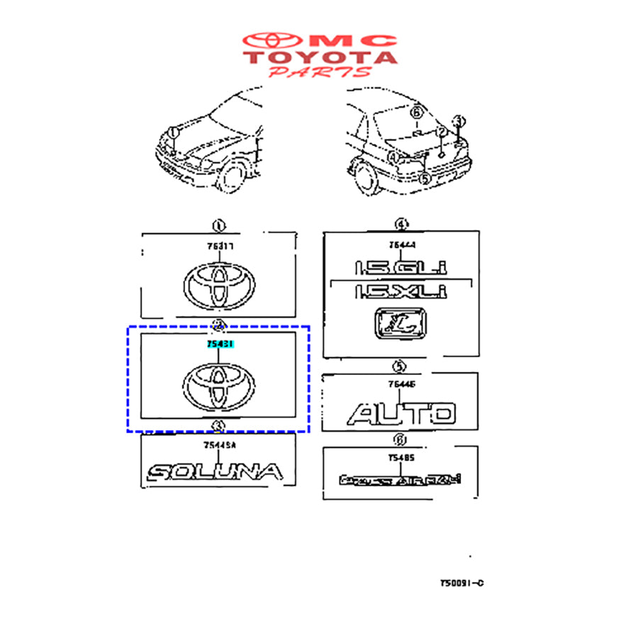 Emblem Logo Pintu Bagasi Belakang Toyota Soluna Original 75431-0A010 Sticker Stiker Belakang Pintu Bagasi