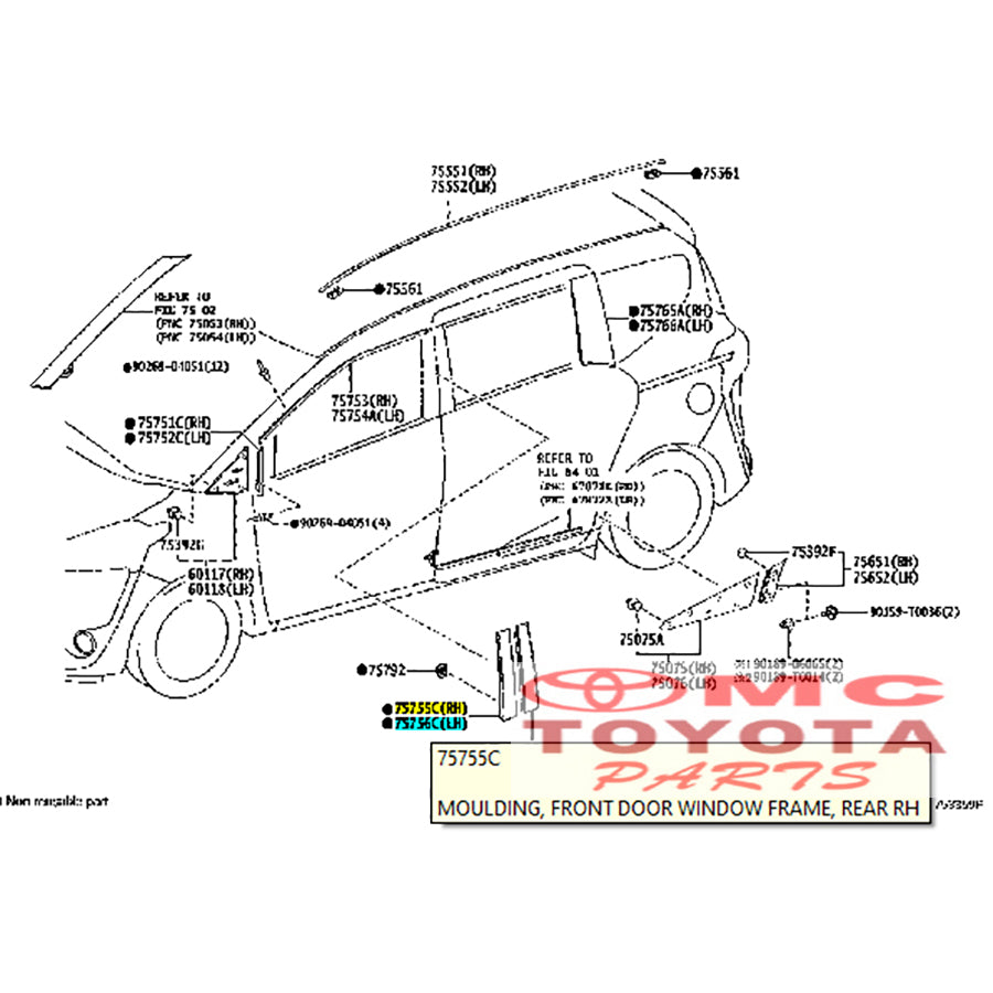 Moulding Cover Rangka Bingkai Kaca Belakang Pintu Depan Kanan Kiri Toyota Sienta 2016-2022 Original 75755-0D080 75756-0D080
