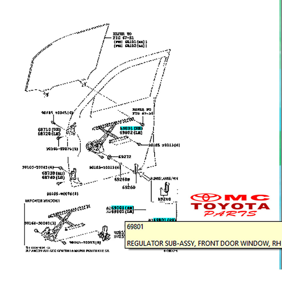 Regulator Power Window Pintu Depan Kanan Toyota Fortuner Hilux Original 69801-0K011 Regulator Window