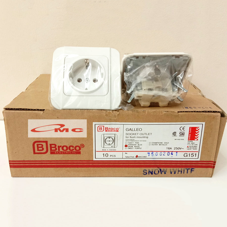 Broco Stop Kontak Broco Galleo G151 White Arde Socket Inbow Tanam Non CP Original Tempat Colokan 1 Lubang Putih Galeo G151-55S