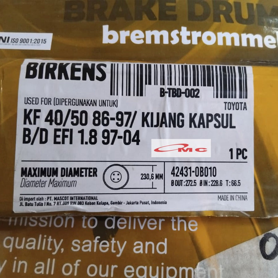 Tromol Rem Belakang Brake Drum Rear Toyota Kijang Super 5K Kijang 7K Kapsul Bensin/Diesel EFI Birkens B-TBD-002
