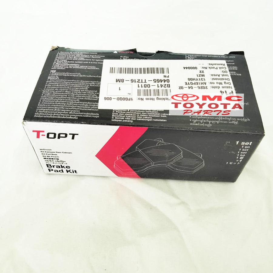 Brake Pad Kampas Rem Depan Hilux Pick Up Diesel Hilux Revo sc 2016 Asli ORI Original T-OPT 04465-TT216-8M Genuine Parts